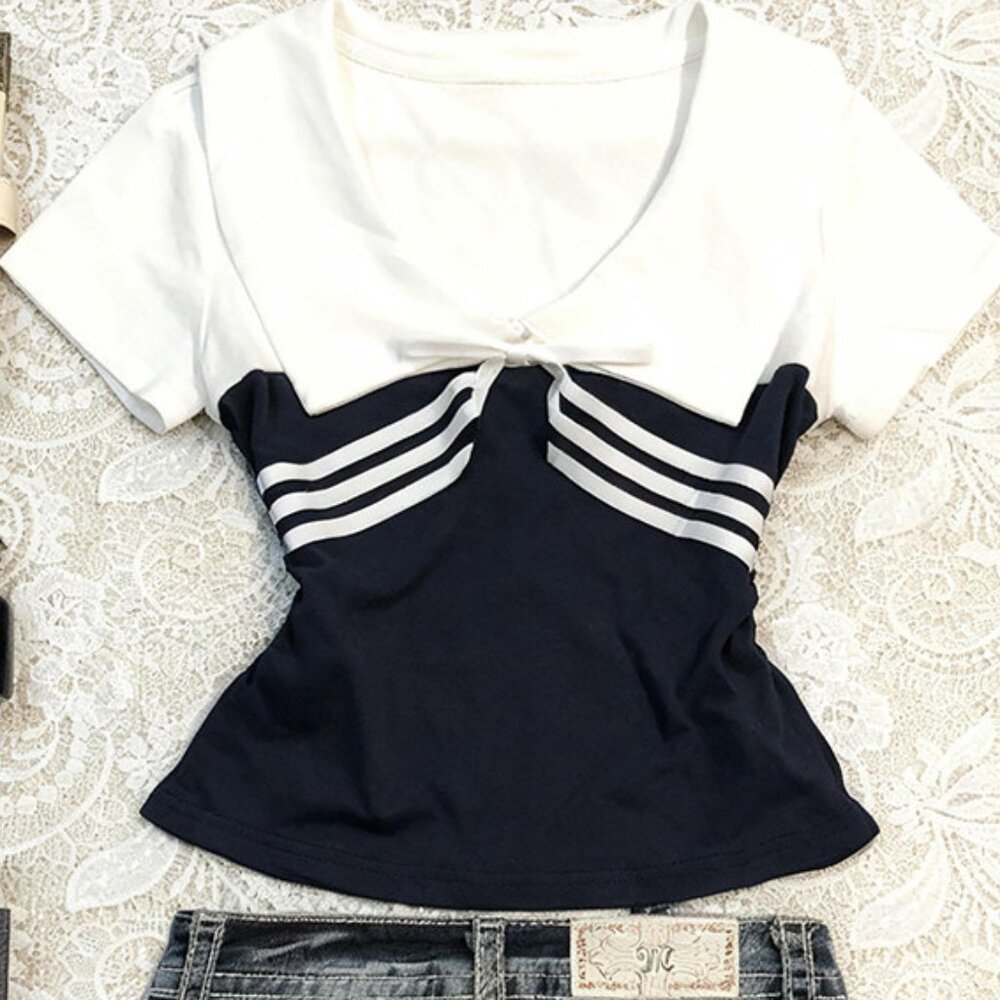 Original Versatile Patchwork V-Neck Short Sleeve … - image 1